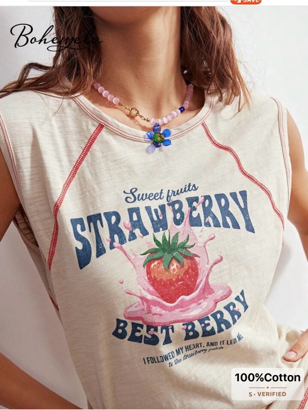 NWOT Bohemela Cream Muscle Tee With Strawberry Graphic, Various Sizes